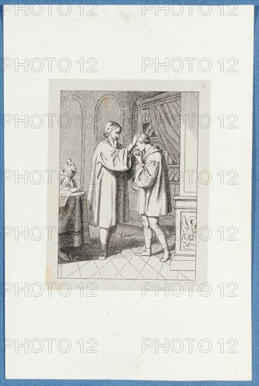 Holbein is received by Thomas Morus, around 1857, pen lithograph, mounted on base paper, mounted in adhesive tape, sheet: 11.7 x 9 cm, Hieronymus Hess, Zeichner, Basel 1799–1850 Basel, J. Seul, Drucker