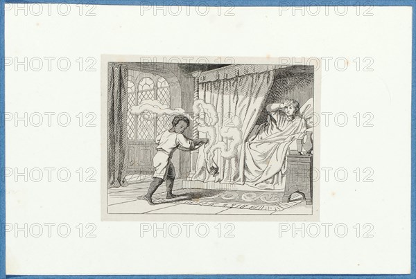 Holbein wakes up in the house of Thomas More, around 1857, pen lithograph, mounted on base paper, mounted in adhesive tape, sheet: 11.7 x 9 cm, Hieronymus Hess, Zeichner, Basel 1799–1850 Basel, J. Seul, Drucker