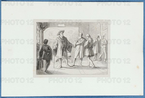 Holbein with Thomas More before King Henry VIII, c. 1857, pen lithograph, mounted on base paper, mounted in adhesive tape, sheet: 11.7 x 9 cm, Hieronymus Hess, Zeichner, Basel 1799–1850 Basel, J. Seul, Drucker