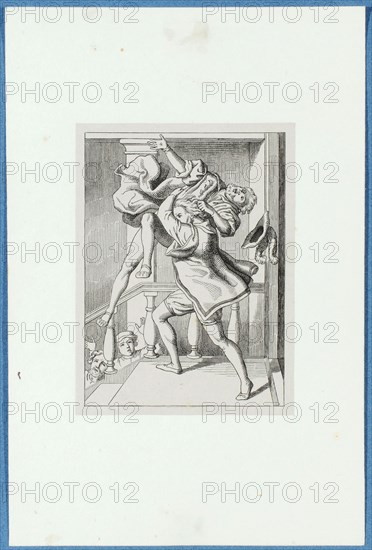 The irascible Holbein throws down a member of parliament down the stairs, around 1857, pen lithograph, mounted on pad paper, mounted in adhesive tape, sheet: 11.7 x 9 cm, Hieronymus Hess, Zeichner, Basel 1799–1850 Basel, J. Seul, Drucker