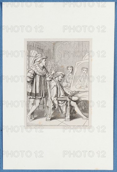 Holbein portrays Anne Boleyn, around 1857, pen lithograph, mounted on base paper, mounted in adhesive tape, sheet: 11.7 x 9 cm, Hieronymus Hess, Zeichner, Basel 1799–1850 Basel, J. Seul, Drucker
