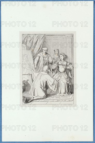 Holbein portrays Catherine Howard, around 1857, pen lithograph, mounted on base paper, mounted in adhesive tape, sheet: 11.7 x 9 cm, Hieronymus Hess, Zeichner, Basel 1799–1850 Basel, J. Seul, Drucker