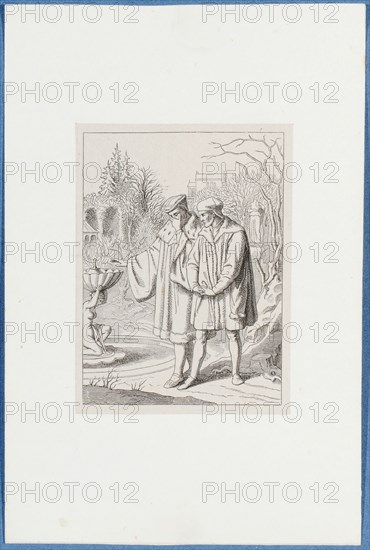 Holbein with Henry VIII in the garden, around 1857, pen lithograph, mounted on base paper, mounted in adhesive tape, sheet: 11.7 x 9 cm, Hieronymus Hess, Zeichner, Basel 1799–1850 Basel, J. Seul, Drucker