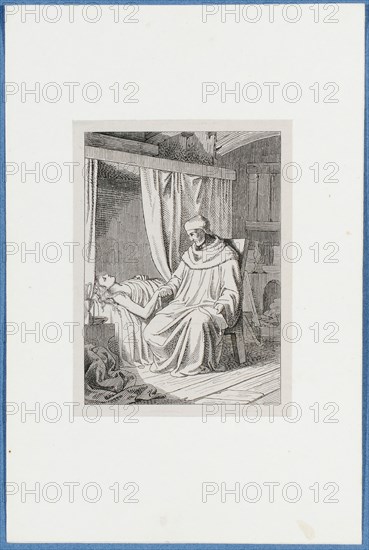Holbein on the deathbed of his daughter Maria, c. 1857, pen lithograph, mounted on base paper, mounted in adhesive tape, sheet: 11.7 x 9 cm, Hieronymus Hess, Zeichner, Basel 1799–1850 Basel, J. Seul, Drucker