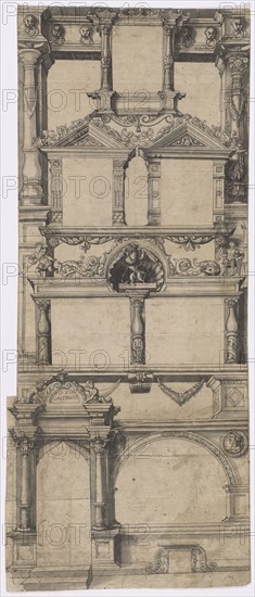 Design for a facade painting at the house Zum Greifenstein in Basel, 1st half of the 16th century, pen in black, over chalk outline, gray wash, composed of two bows and a narrow strip at the bottom left, page: 75.6, 76.6 x 30.4 cm, 32.5, cm, Above the door: HOW TO HAND, HANDLE, Hans Holbein d. J., (Nachfolger / follower), Augsburg um 1497/98–1543 London, Matthäus Han, (?), Basel um 1513– vor 1594 Basel