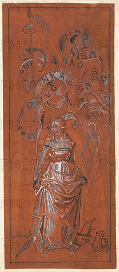 Girl with impaled heart, c. 1510/14, pen in black, pen and brush in white, with brush pink and yellow tinted, on reddish brown primed paper, page: 25.8 x 11 cm, inscribed on the reel: SNE, GWSP [?], GGVG, NKAW, HDNM, SASD, NISM, NRG, NMD, u., monogrammed on the stone block: NMD, also designated: NKAW, u, ., l, ., slanted dagger, Niklaus Manuel gen. Deutsch, Bern um 1484–1530 Bern