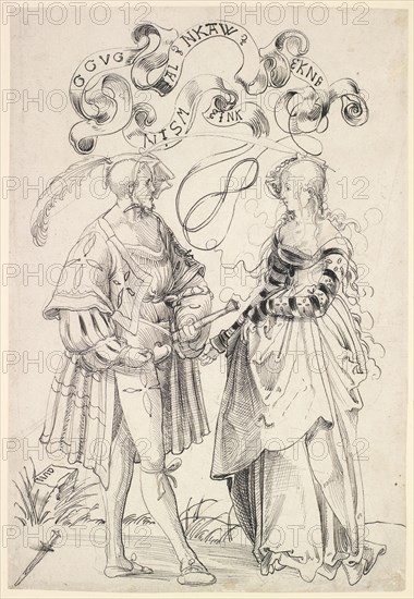 Nobleman and Fraulein in Conversation (The Challenge of a Freeman), 1510/14, feather in black, sheet: 29.5 x 20.3 cm, O. M. on the reel labeled: GGVG, AL, NKAW, EKNF [?], NISM, EINK, u, ., l, ., monogrammed on the stone block: NMD, below oblique dagger, Niklaus Manuel gen. Deutsch, Bern um 1484–1530 Bern