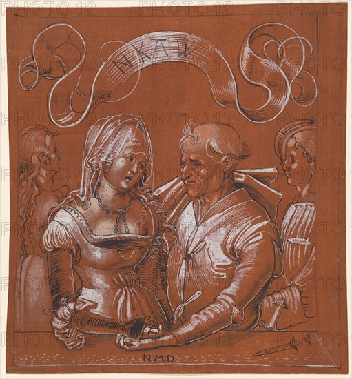 Unequal pair, c. 1510, pen in black, washed, brush and pen in white, partly tinted with a brush in pink, on russet brown primed paper, sheet: 20.8 x 19.7 cm, O. inscribed on the reel with pen in black: NKAW, u, ., Monogrammed M. NMD, u, ., r., slanted dagger, Niklaus Manuel gen. Deutsch, Bern um 1484–1530 Bern