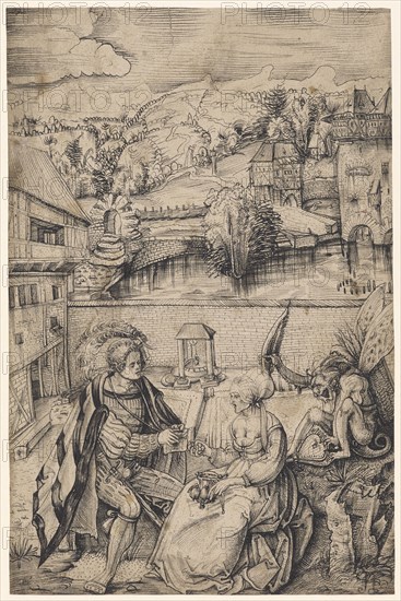 Confederate and devil-obsessed old woman in a courtyard, 1st quarter of the 16th century, feather in black, verso: feather samples, leaf: 28.9 x 19.1 cm, Niklaus Manuel gen. Deutsch, (Umkreis / circle), Bern um 1484–1530 Bern