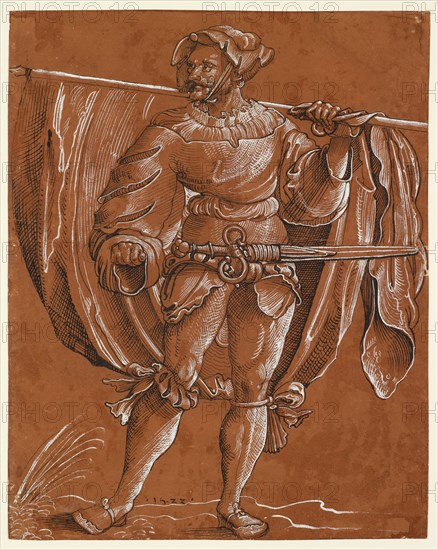 Standard Bearer, 1522, pen in black, heightened with white, on brown primed paper, foliate: 24.9 x 19.8 cm, U. M. dated: .15.22., Niklaus Manuel gen. Deutsch, (Kopie nach / copy after), Bern um 1484–1530 Bern, Anonym, Schweiz (Bern), 1. Hälfte 16. Jh.