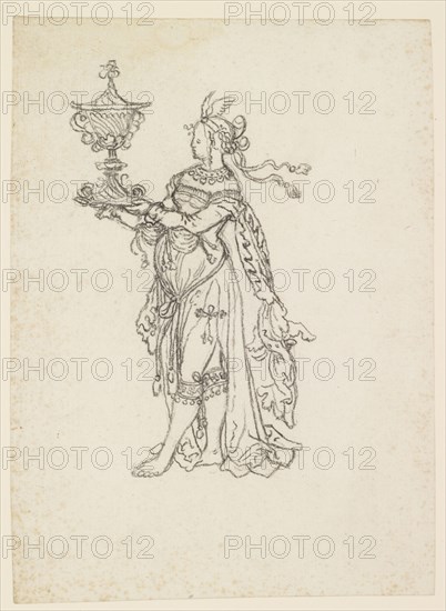 Antiquated robed girl with large trophy, to the left (Fortuna), 1st half of the 16th century, Black chalk, Leaf: 20.2 x 14.4 cm, Unrecorded, Anonym, Schweiz, 1. Hälfte 16. Jh., Niklaus Manuel gen. Deutsch, (Umkreis / circle), Bern um 1484–1530 Bern