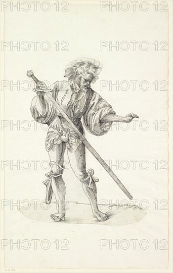 Executioner's servant in moving front view, drawing the long sword, 1st half of the 16th century, feather in black, silhouetted, raised, picture: 25.4 x 16.6 cm, unsigned, Niklaus Manuel gen. Deutsch, (Kopie nach (?) / copy after (?)), Bern um 1484–1530 Bern, Anonym, Schweiz, 1. Hälfte 16. Jh.
