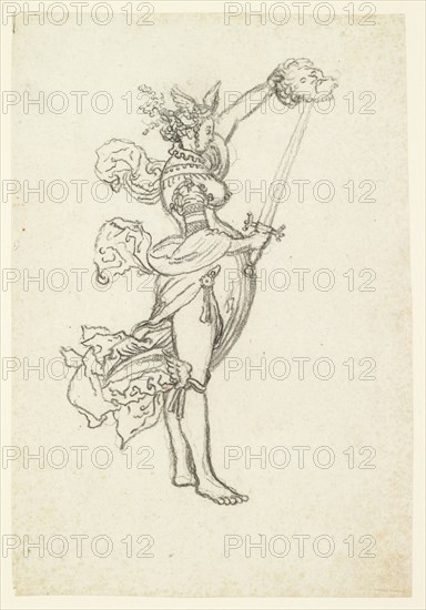 Standing Woman with Sword, on it a Mauled Man's Head (Judith), c. 1523, Black Chalk, Journal: 20.1 x 13.7 cm, Unsigned, Anonym, Schweiz, 1. Hälfte 16. Jh., Niklaus Manuel gen. Deutsch, (Umkreis / circle), Bern um 1484–1530 Bern