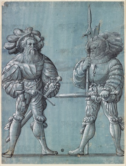 Two standing warriors, feather and brush in black and gray, heightened in white, cut out along the contour lines, on old gray-ground primed paper, laminated, sheet: 42.5 x 32.1 cm, unmarked, Hans Rudolf Manuel gen. Deutsch, (zugeschrieben / attributed to), Erlach/Bern 1525–1571 Morges/Waadt