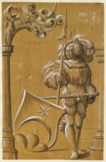 Disc tear with shield holder and the coat of arms Jenner, 1518, pen in black, gray washed, heightened in white, traces of a preliminary drawing with black pencil, on brown primed paper, sheet: 31.4 x 20.3 cm, O. r., monogrammed and dated in white with pen: NMD [lig.], 1518, right next to it standing dagger with bow, Hans Rudolf Manuel gen. Deutsch, (zugeschrieben / attributed to), Erlach/Bern 1525–1571 Morges/Waadt