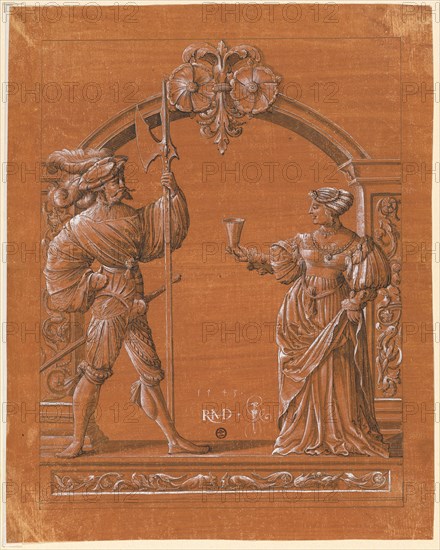 Sliced paper with woman handing the welcome drink to a lansquenet, 1543, pen in black, gray washed, heightened with white, on paper primed in orange-brown, sheet: 37 x 29.4 cm |, Photo: 32.3 x 25 cm, U. M. monogrammed and dated with pen in white: 1543, HRMD [lig.], standing dagger with bow, Hans Rudolf Manuel gen. Deutsch, Erlach/Bern 1525–1571 Morges/Waadt