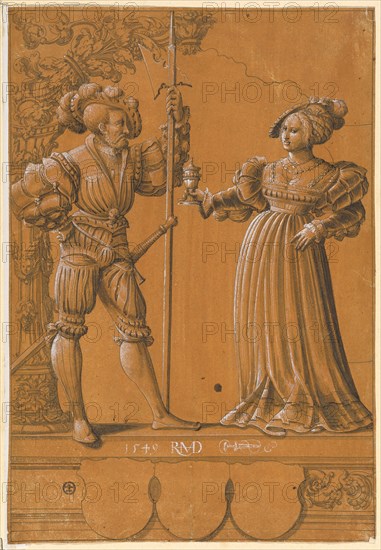 Broken glass with a woman handing the welcome drink to a lansquen with a lance, 1549, pen in black, gray washed, heightened in white, on paper primed in orange-brown, sheet: 30.9 x 21.3 cm, signed and dated: 1549 HRMD [lig, .], dagger with bow next to it, Hans Rudolf Manuel gen. Deutsch, Erlach/Bern 1525–1571 Morges/Waadt