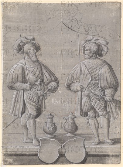 Slice crack with two rice runners, including two empty escutcheons, 1540, pen in black and white, brush in gray, lead lines with red chalk, on medium gray primed paper, sheet: 43.9 x 32.1 cm, in the center with pen dated in white and monogrammed: 1540, HRMD [lig.], standing dagger with bow, Hans Rudolf Manuel gen. Deutsch, Erlach/Bern 1525–1571 Morges/Waadt