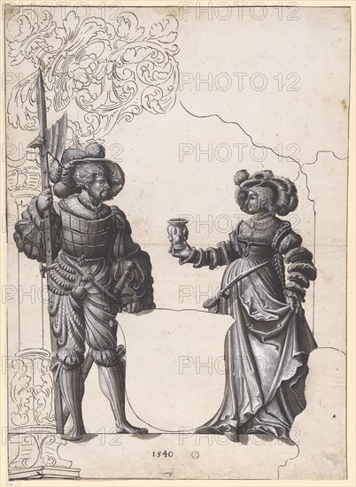 Broken glass with a woman handing the welcome drink to a halberdier and blank blazon, 1540, feather in black, brush in black and gray brown, heightened with white, sheet: 43.5 x 31.5 cm, U. M. with pen dated in black: 1540, below: ... [illegible], Hans Rudolf Manuel gen. Deutsch, (?), Erlach/Bern 1525–1571 Morges/Waadt