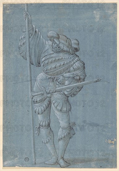 Standing warrior with spear, feather in black, gray washed, heightened in white, on greyish blue primed paper, mounted, sheet: 29.1 x 20.3 cm, unsigned, Hans Rudolf Manuel gen. Deutsch, (zugeschrieben / attributed to), Erlach/Bern 1525–1571 Morges/Waadt
