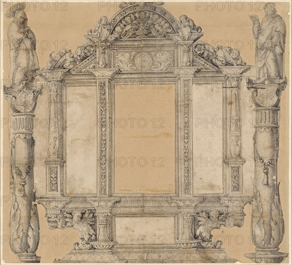 Frame design for the renaissance altar of the Count von Zimmern in Messkirch, pen in black, partially gray washed, silhouetted, mounted on cream-colored backing paper, folia: 41.5 x 45.8 cm, Meister von Messkirch, tätig um 1530–1543 in Messkirch