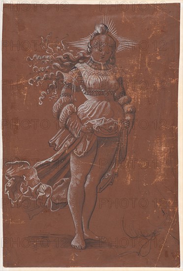 Standing Girl with Halo and Skirt, 1st Half of the 16th Century, Feather in Black, Brush and Pen in White, on reddish brown primed paper, Sheet: 26.3 x 17.7 cm, Unmarked, Anonym, Schweiz, 1. Hälfte 16. Jh.