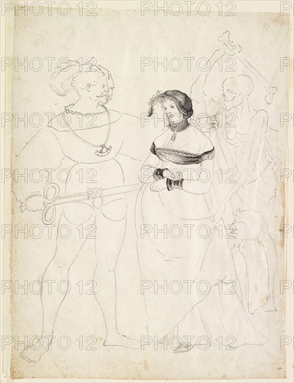 Landsknecht with citizen's wife and skeleton, 1st half of the 16th century, feather in black, sheet: 29.2, 28.7 x 21.7 cm, 21.2 cm, not marked, Anonym, Schweiz, 1. Hälfte 16. Jh., Niklaus Manuel gen. Deutsch, (Umkreis / circle), Bern um 1484–1530 Bern