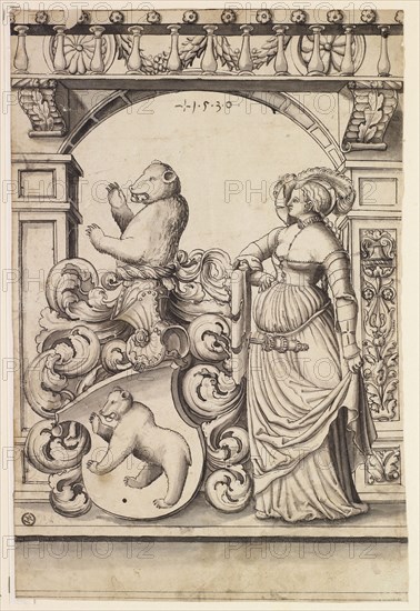 Broken glass with woman as shield accompanist and bear coat of arms, 1530, pen in black, gray wash, sheet: 32.2 x 21.2 cm /21.7 cm, O. M. dated below the sheet: 1.5.3.0., Anonym, Schweiz (Bern), 1. Hälfte 16. Jh., Jakob Kallenberg, (zugeschrieben / attributed to), um 1510 - 1565 Bern, Niklaus Manuel gen. Deutsch, (Umkreis / circle), Bern um 1484–1530 Bern