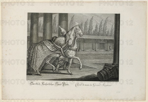 Türckisch Keyserliches Hand Horse, 1741, copperplate, sheet: 35.5 x 51.4 cm |, Plate: 28.5 x 38.4 cm, in the plate o. R., numbered: I ., u, ., l, ., designated: I. El., Ridinger pinx. Et del ., u, ., r .: Martin Elias Ridinger filio meo oeri incis ., under it designates: Turckisch Keyserliches hand horse., Cheval de main du Grand Seigneur., Johann Elias Ridinger, Zeichner, Ulm 1698–1767 Augsburg, Martin Elias Ridinger, Kupferstecher, Augsburg um 1730–1780 Augsburg