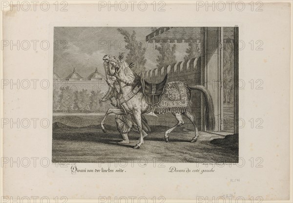 Divani from the left side, 1741, copperplate, sheet: 35.6 x 51.5 cm |, Plate: 28 x 38 cm, in the plate o. R., numbered: III ., u, ., l, ., designated: I. El., Ridinger pinx. Et del ., u, ., r .: Martin Elias Ridinger filio meo oeri incis ., below it: Divani from the left side., Divani du coté gauche., Johann Elias Ridinger, Zeichner, Ulm 1698–1767 Augsburg, Martin Elias Ridinger, Kupferstecher, Augsburg um 1730–1780 Augsburg