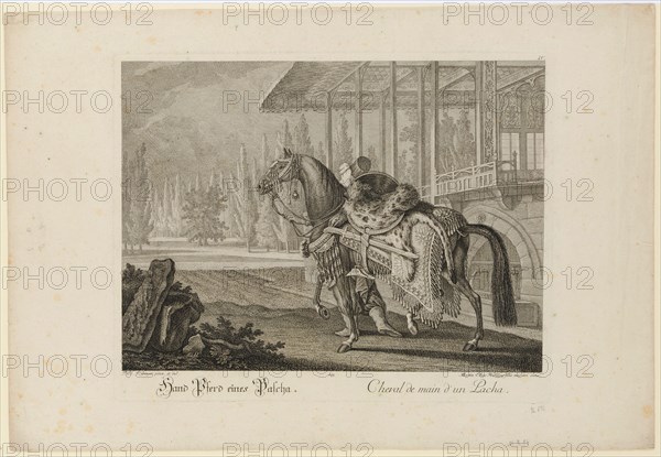 Hand Horse of a Pasha, 1741, copperplate, sheet: 35.6 x 51.5 cm |, Plate: 28 x 38 cm, in the plate o. R., numbered: IV ., u, ., l, ., designated: I. El., Ridinger pinx. Et del ., u, ., r .: Martin Elias Ridinger filio meo oeri incis ., inscribed below: Hand horse of a pasha., Cheval de main d'un Pacha., Johann Elias Ridinger, Zeichner, Ulm 1698–1767 Augsburg, Martin Elias Ridinger, Kupferstecher, Augsburg um 1730–1780 Augsburg