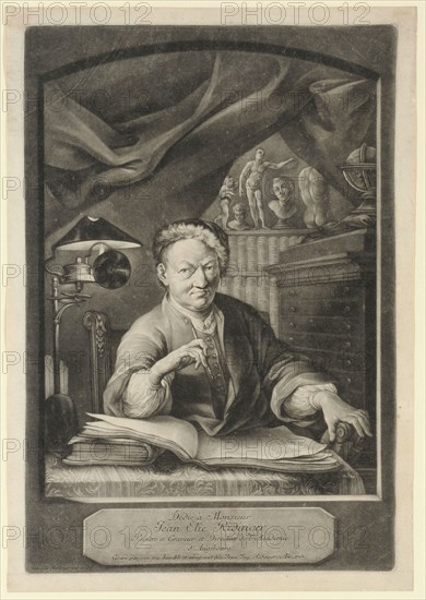 Self-portrait by Johann Elias Ridinger on the drawing table, 1767, mezzotint (scrawp), sheet: 42 x 29.3 cm |, Plate: 39.4 x 26.9 cm, inscribed below: Dédié à Monsieur, Jean Elie Ridinger, Peintre et engraver and director of the Académie, d'Augsburg., Gravé par son humble et obéissant fils Jean Jaq., Ridinger, ., On., 1767, ., et al .: Jean Elie Ridinger inv. et del., Johann Elias Ridinger, Inventor, Ulm 1698–1767 Augsburg, Johann Jakob Ridinger, Kupferstecher, Augsburg 1736–1784 Augsburg