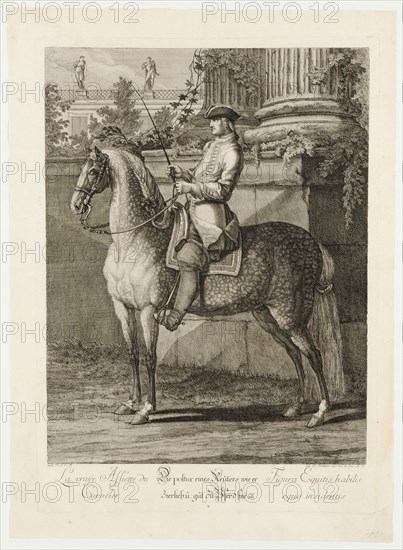 The posture of a rider, how he should sit petite and well on horseback, 1734, etching, sheet: 60 x 43.5 cm |, Plate: 53.8 x 38.8 cm, U.l., below the illustration: avec P.S.C.M ., u.r .: Joh. El., Ridinger inv. Et exc., A. V., Johann Elias Ridinger, Ulm 1698–1767 Augsburg