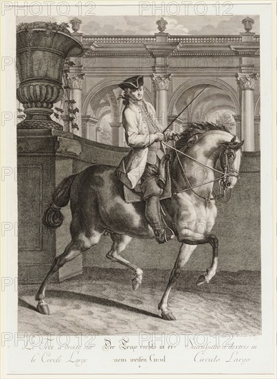 The Trot on the right of a wide circle, 1734, etching, sheet: 59.7 x 44 cm |, Plate: 53.6 x 38.5 cm, U.l., below the illustration: avec P.S.C.M ., u.r .: Joh. El., Ridinger inv. Des. Et exc., A. V., Johann Elias Ridinger, Ulm 1698–1767 Augsburg
