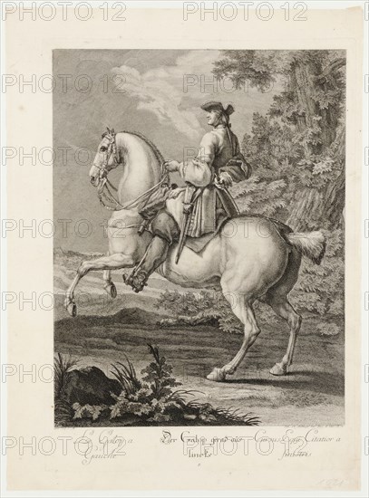 The gallop straight left, 1734, etching, sheet: 60.1 x 43.6 cm |, Plate: 54.5 x 39.3 cm, U.l., below the illustration: avec P.S.C.M ., et al .: J. E. Ridinger inv. des. et excud., Aug. Vind., Johann Elias Ridinger, Ulm 1698–1767 Augsburg