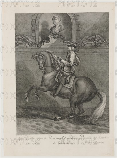 Passades on the conclusion of the half-volte, 1734, etching, sheet: 60.2 x 43.5 cm |, Plate: 54.5 x 39.5 cm, U.l., below the illustration: avec P.S.C.M ., et al .: J. E. Ridinger inv. des. et excud., Aug. Vind., Johann Elias Ridinger, Ulm 1698–1767 Augsburg