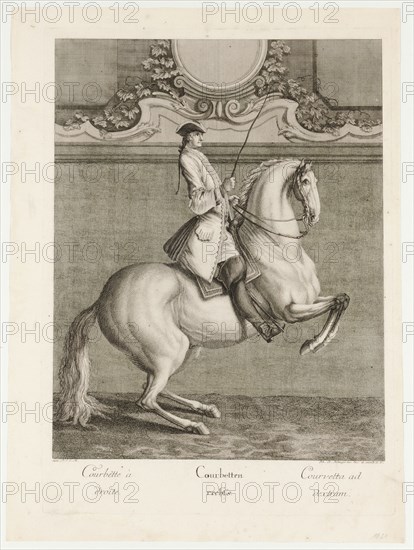 Courbett right, 1734, etching, sheet: 59.7 x 44 cm |, Plate: 54.5 x 39.3 cm, U.l., below the illustration: avec P.S.C.M ., u.r .: Joh. El., Ridinger inv. Des. Et excxud., A. V., Johann Elias Ridinger, Ulm 1698–1767 Augsburg
