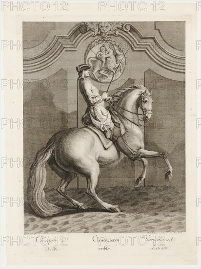 Changieren right, 1734, etching, sheet: 59.3 x 43.6 cm |, Plate: 54.6 x 39.8 cm, U.l., below the illustration: avec P.S.C.M ., u.r .: Joh. El., Ridinger inv. Des. Et exc., Aug. Vind., Johann Elias Ridinger, Ulm 1698–1767 Augsburg