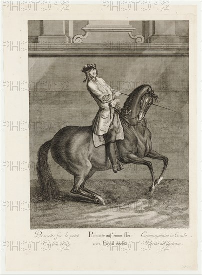 Pirouette on a small circle on the right, 1734, etching, sheet: 60.1 x 43.1 cm |, Plate: 54.2 x 39.1 cm, U.l., below the illustration: avec P.S.C.M ., u.r .: Joh. El., Ridinger inv. Des. Et exc., A. V., Johann Elias Ridinger, Ulm 1698–1767 Augsburg