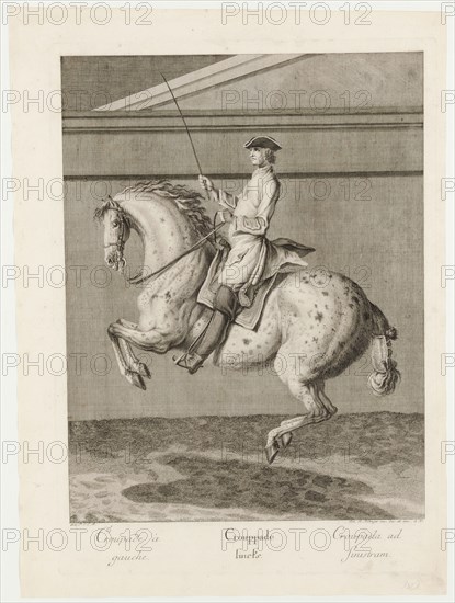 Crouppade left, 1734, etching, sheet: 59.6 x 43.6 cm |, Plate: 54.2 x 39 cm, U.l., below the illustration: avec P.S.C.M ., u.r .: Joh. El., Ridinger inv. Des. Et exc., A. V., Johann Elias Ridinger, Ulm 1698–1767 Augsburg