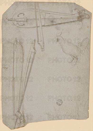 Sketch sheet with two stringed instruments and a rooster, silver pen, on white primed paper, Sheet: 13.1, 15.6 x 10.9 cm, Not specified, Hans Holbein d. Ä., Augsburg um 1460/65–1524