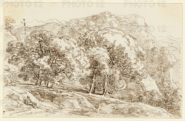 Woody landscape, a wandering hiker in front left, feather (sepia), leaf: 10.1 x 16.6 cm, Franz Innocenz Josef Kobell, Mannheim 1749–1822 München