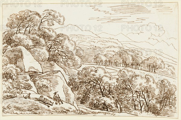 Landscape study, two lying hikers with dog front left, feather (sepia), leaf: 11.1 x 17.1 cm, Franz Innocenz Josef Kobell, Mannheim 1749–1822 München