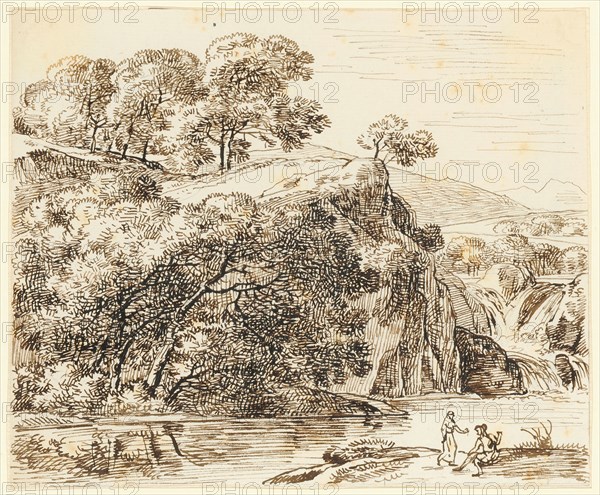 Woody landscape by the river, two figures on the shore in front right, feather (sepia), foliage: 14.1 x 17.1 cm, not marked, Franz Innocenz Josef Kobell, Mannheim 1749–1822 München