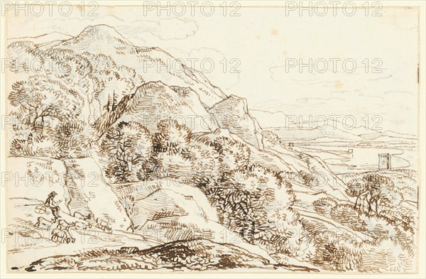 Landscape study, a shepherd with his flock in front left, feather (sepia) over pencil, leaf: 11 x 17 cm, unsigned, Franz Innocenz Josef Kobell, Mannheim 1749–1822 München