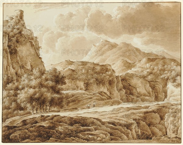 Two figures in a rocky landscape with castle ruins, brush (sepia) and feather (greyish-black) over pencil, leaf: 20.8 x 26.6 cm, not marked, Franz Innocenz Josef Kobell, Mannheim 1749–1822 München