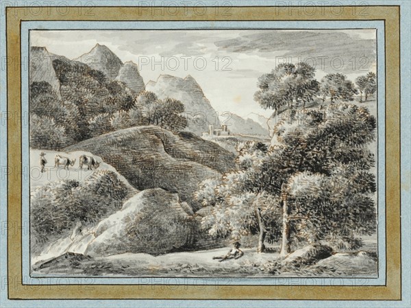 Woody landscape with castle in the background and dormant hiker in front, brush (gray and gray-brown), sheet: 12.4 x 17.3 cm, not marked, Franz Innocenz Josef Kobell, Mannheim 1749–1822 München