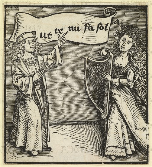 Song hour, 1501, woodcut, sheet: 10.3 x 9.4 cm, inscribed in banner: ut te mi fa sol la, Meister DS (Daniel Schwegler?), (zugeschrieben / attributed to), tätig 1503–1515 in Basel