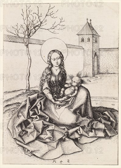 Madonna and Child in the Yard, copperplate engraving, sheet: 16.6 x 11.9 cm, U. monogrammed: M S [mirrored], Martin Schongauer, Colmar um 1445–1491 Colmar