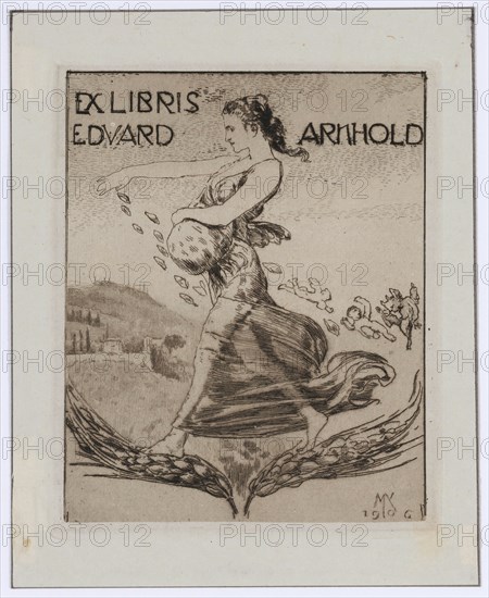 Ex Libris Eduard Arnhold, 1906, etching on thin China paper, mounted on dark gray cardboard, sheet: 16.3 x 13.1 cm |, Plate: 12.7 x 10.2 cm, in the plate u., r., monogrammed and dated: MK, 1906, Max Klinger, Leipzig 1857–1920 Grossjena bei Naumburg